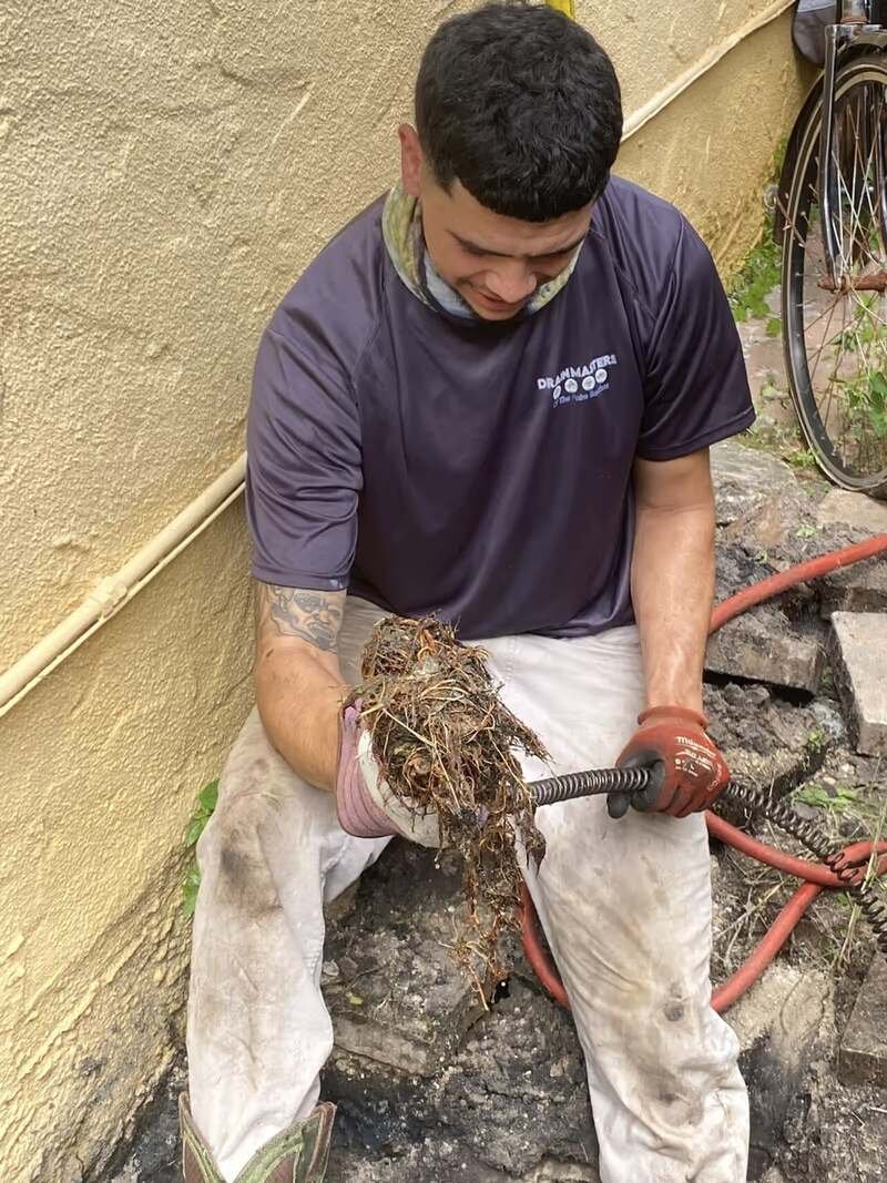 Drain Masters technician holding a mass of tree roots pulled out of a clogged drain line